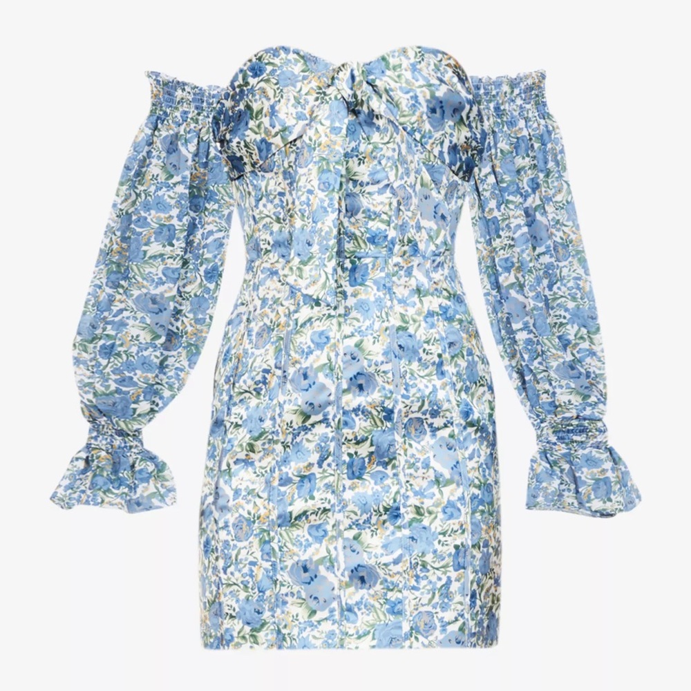 Lavish Alice Blue Floral Off-Shoulder Long Sleeve Mini Dress